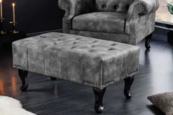Design Sitzhocker CHESTERFIELD 80cm grau Samt Knopfheftung Nietenbesatz