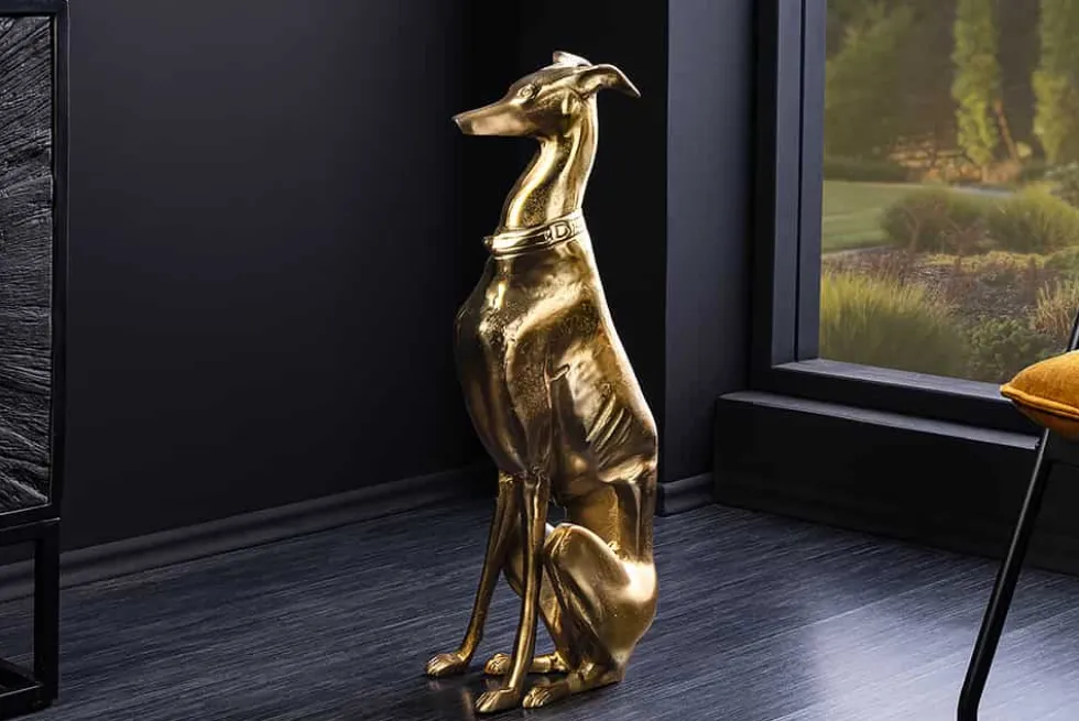 Design Skulptur GREYHOUND 70cm gold Metall Aluminium Windhund Figur