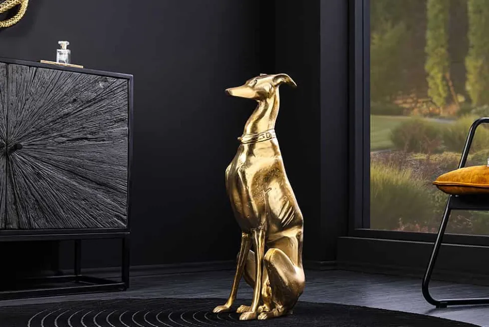 Design Skulptur GREYHOUND 70cm gold Metall Aluminium Windhund Figur