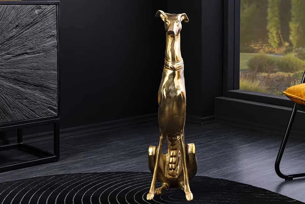 Design Skulptur GREYHOUND 70cm gold Metall Aluminium Windhund Figur