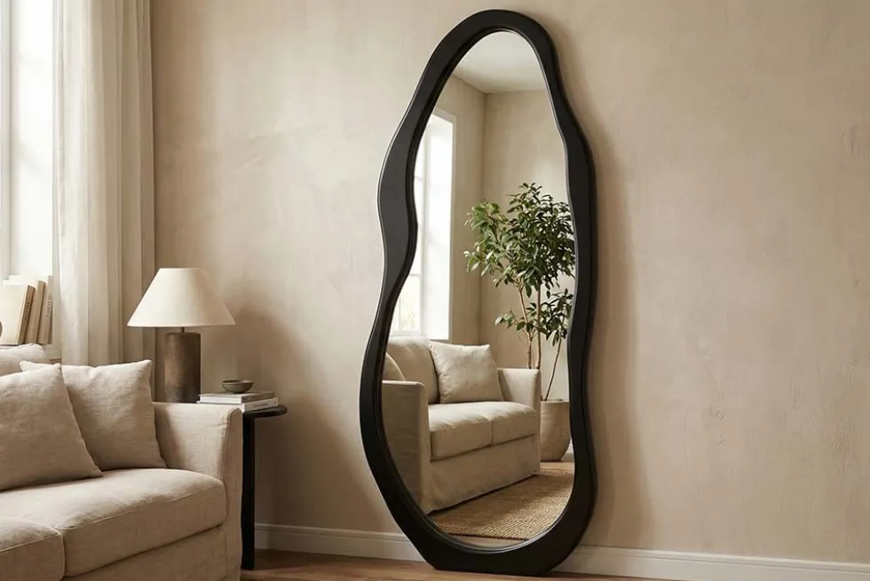 Design Spiegel ORGANIC 180cm schwarz Standspiegel Wandspiegel abgerundeter Rahmen