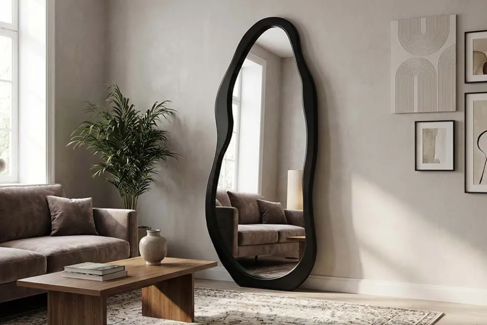 Design Spiegel ORGANIC 180cm schwarz Standspiegel Wandspiegel abgerundeter Rahmen