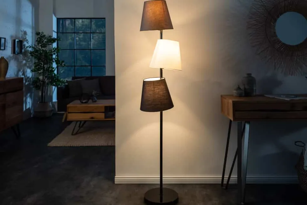 Design Stehlampe LEVELS 163cm schwarz grau mit 3 Leinenschirmen