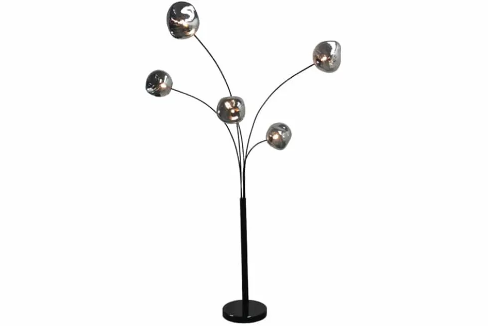 Design Stehlampe LIQUID DIAMOND 200cm schwarz smoke grau fünf Glasschirme mit Marmorfuß