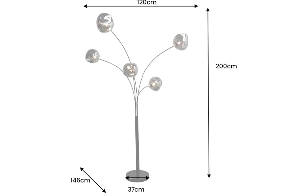 Design Stehlampe LIQUID DIAMOND 200cm schwarz smoke grau fünf Glasschirme mit Marmorfuß