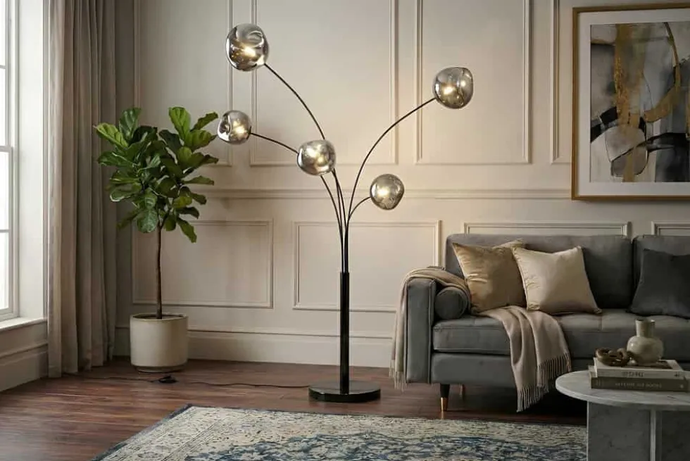 Design Stehlampe LIQUID DIAMOND 200cm schwarz smoke grau fünf Glasschirme mit Marmorfuß