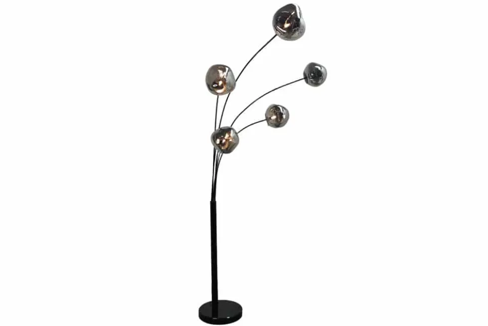 Design Stehlampe LIQUID DIAMOND 200cm schwarz smoke grau fünf Glasschirme mit Marmorfuß