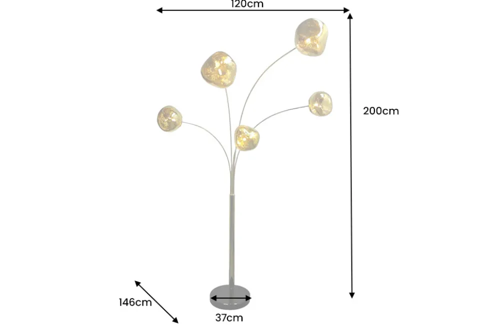 Design Stehlampe LIQUID DIAMOND 200cm gold fünf Glasschirme mit Marmorfuß