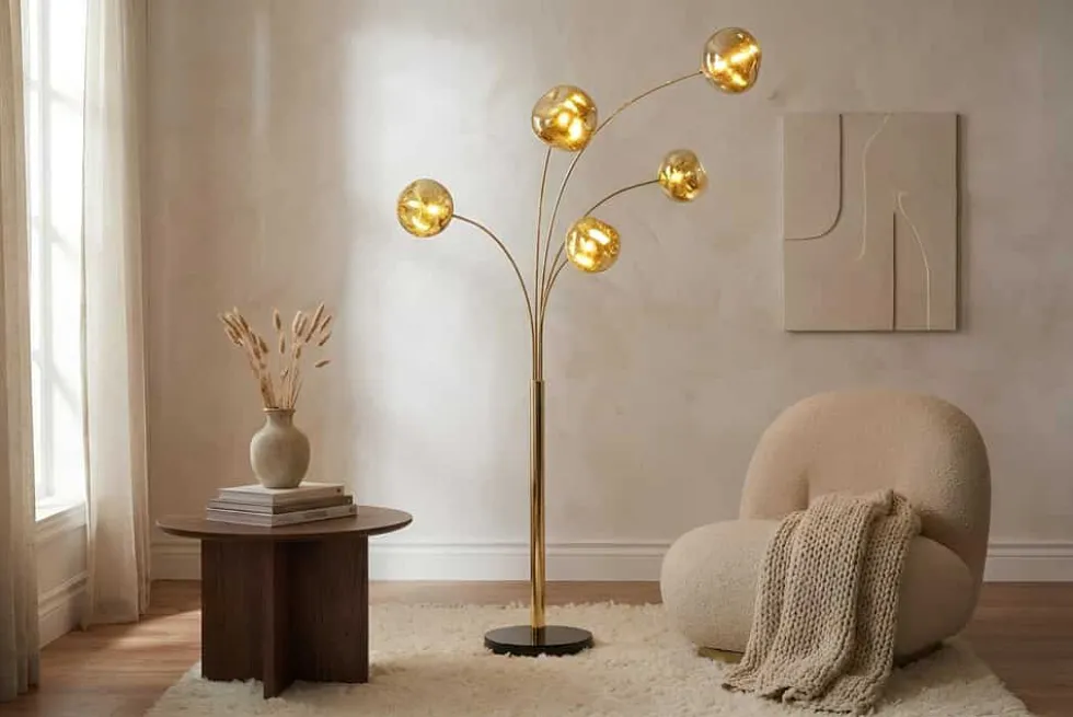 Design Stehlampe LIQUID DIAMOND 200cm gold fünf Glasschirme mit Marmorfuß