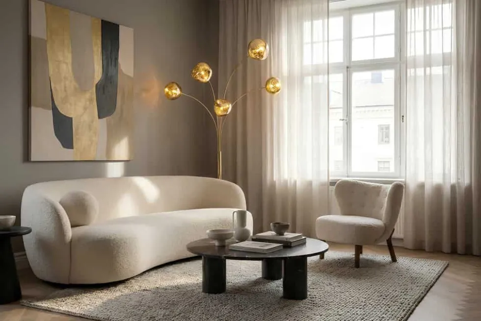Design Stehlampe LIQUID DIAMOND 200cm gold fünf Glasschirme mit Marmorfuß