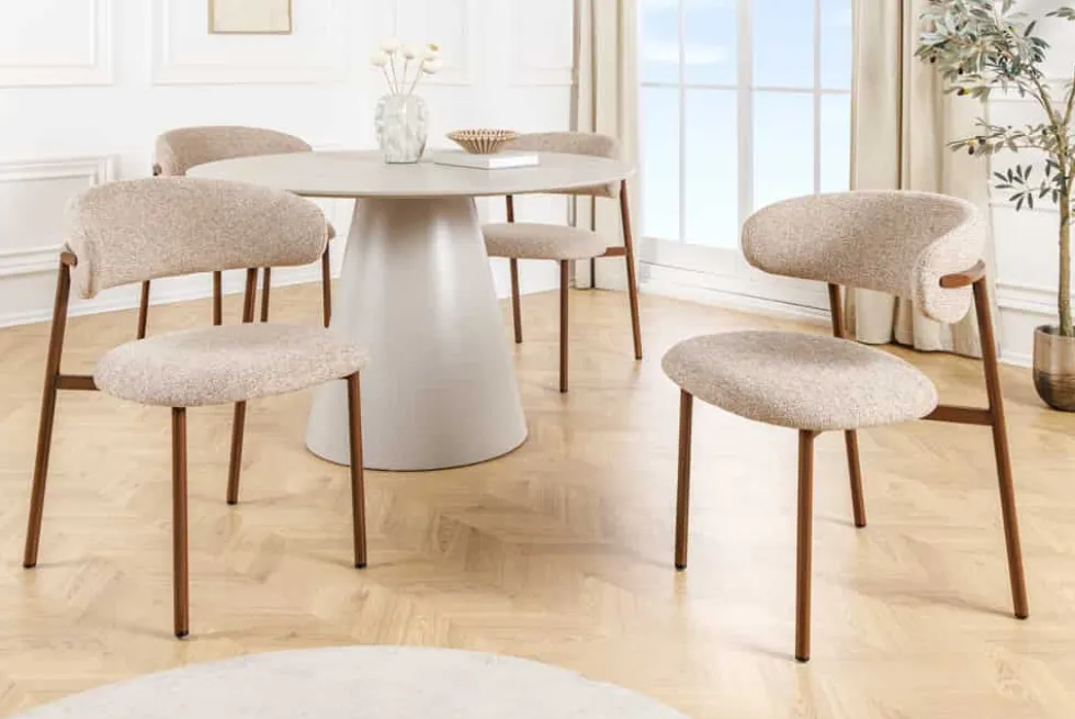 Design Stuhl BELFORT taupe beige Strukturstoff Metallgestell Walnuss