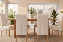 Design Stuhl CASA beige Bouclé Tweed Soft Massivholzbeine Zierknöpfe und Nackenrolle