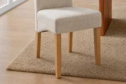 Design Stuhl CASA beige Bouclé Tweed Soft Massivholzbeine Zierknöpfe und Nackenrolle
