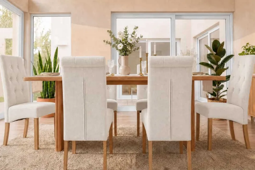 Design Stuhl CASA beige Strukturstoff Massivholzbeine mit Zierknöpfen und Nackenrolle