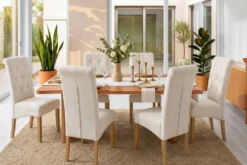 Design Stuhl CASA beige Strukturstoff Massivholzbeine mit Zierknöpfen und Nackenrolle