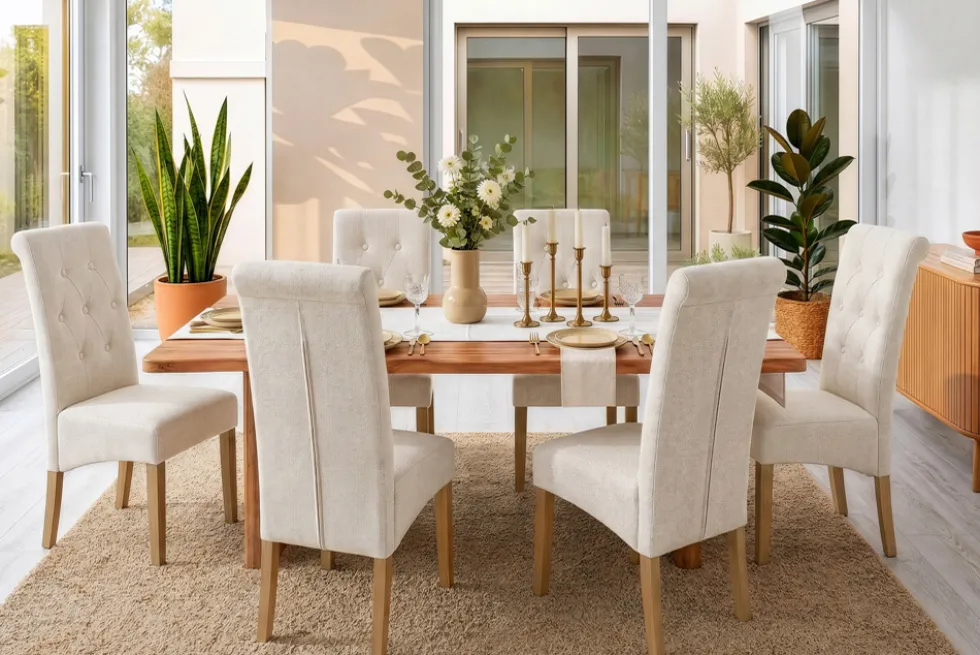 Design Stuhl CASA beige Strukturstoff Massivholzbeine mit Zierknöpfen und Nackenrolle