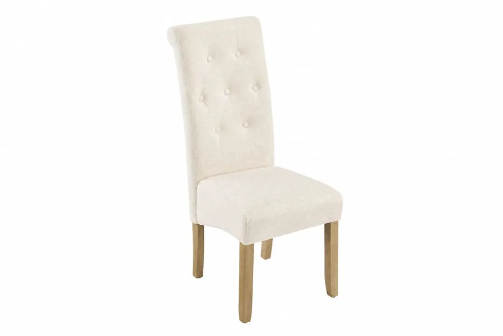 Design Stuhl CASA beige Strukturstoff Massivholzbeine mit Zierknöpfen und Nackenrolle