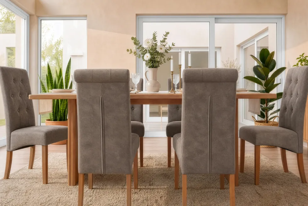 Design Stuhl CASA taupe Microfaser mit Zierknöpfen Massivholzbeine