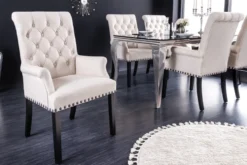 Design Stuhl CASTLE beige schwarz Strukturstoff Armlehnen Holzfüße