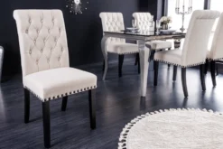 Design Stuhl CASTLE beige schwarz Strukturstoff Holzfüße Chesterfield