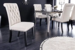 Design Stuhl CASTLE beige schwarz Strukturstoff Holzfüße Chesterfield