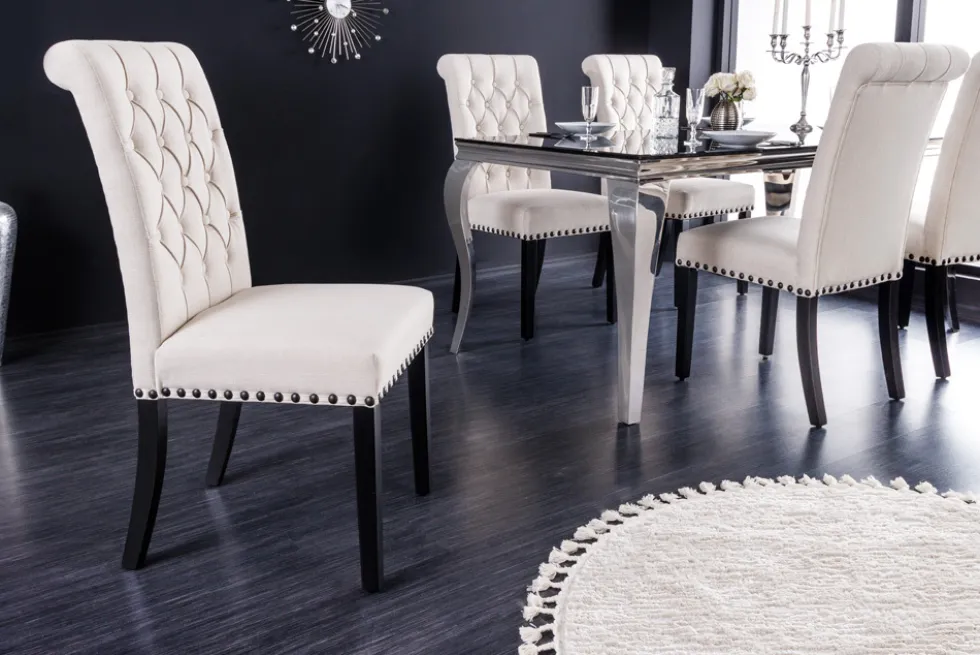 Design Stuhl CASTLE beige schwarz Strukturstoff Holzfüße Chesterfield