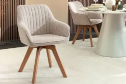 Design Stuhl LIVORNO beige Strukturstoff Massivholzbeine drehbar Auto-Return-Funktion