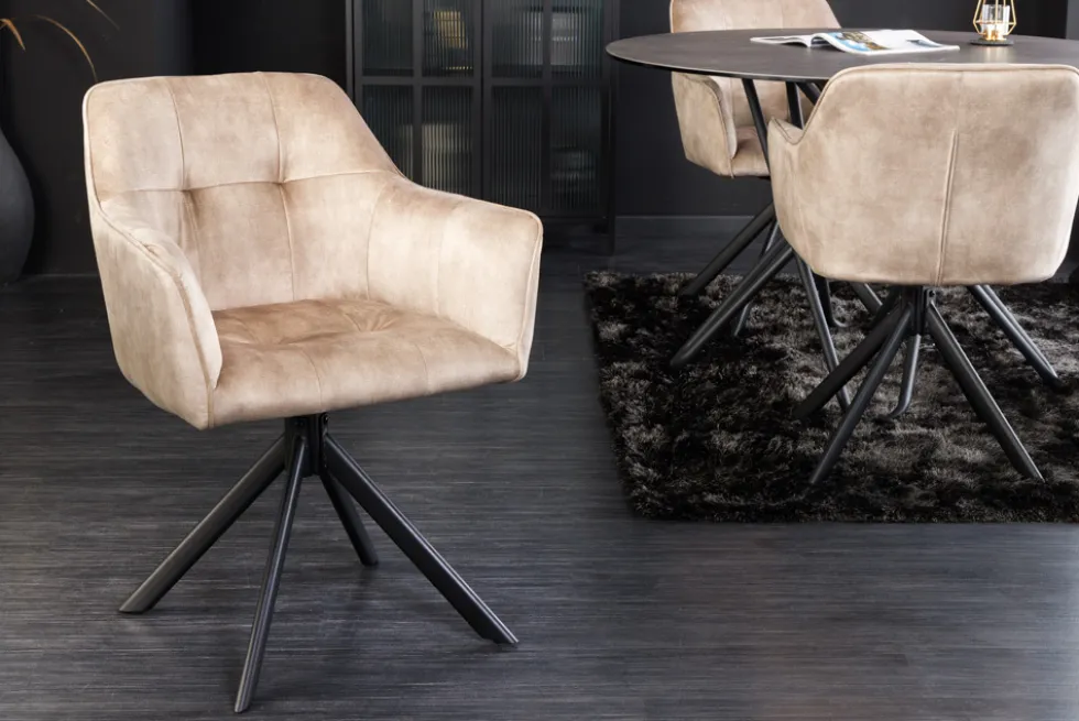 Design Stuhl LOFT champagner Samt drehbar Metallgestell schwarz mit Armlehne