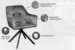 Design Stuhl LOFT dunkelgrau Samt drehbar Metallgestell schwarz mit Armlehne