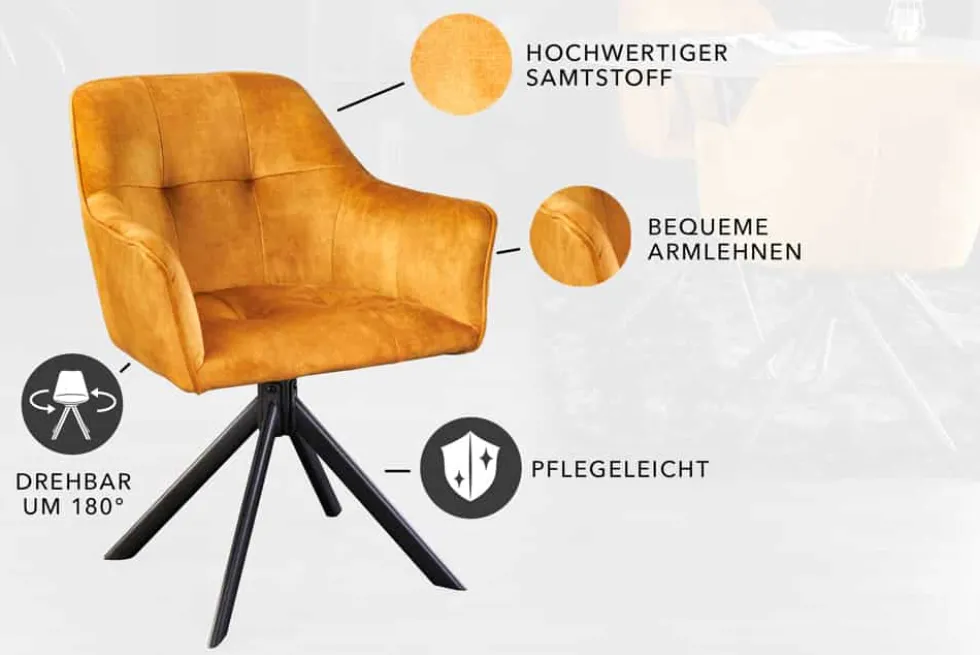 Design Stuhl LOFT senfgelb Samt drehbar Metallgestell schwarz mit Armlehne