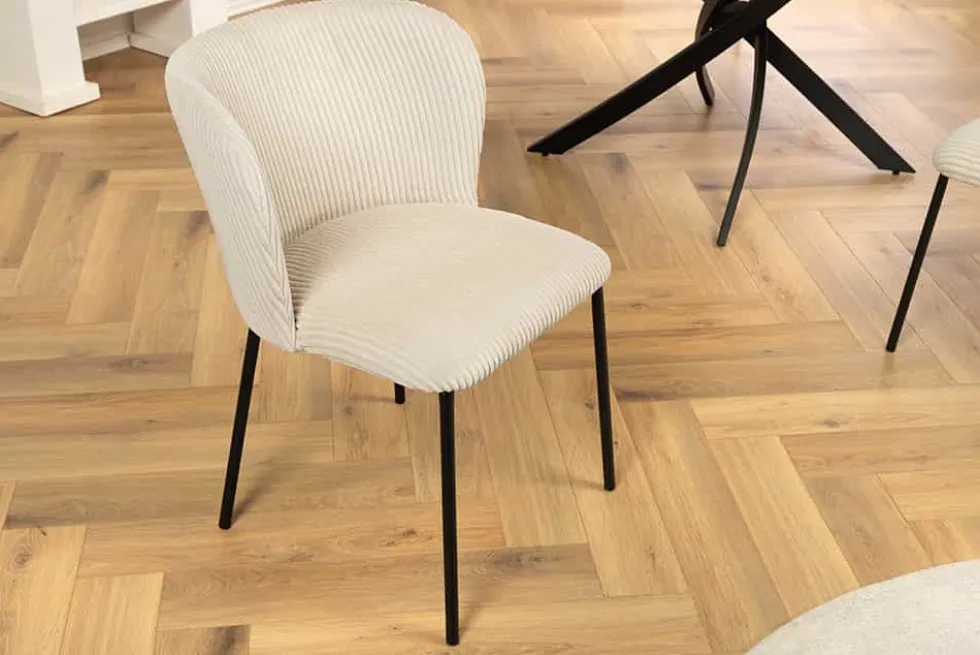 Design Stuhl LYON beige Cord schwarze Metallbeine
