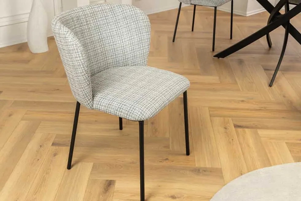 Design Stuhl LYON blau kariert Bouclé schwarze Metallbeine