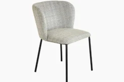 Design Stuhl LYON blau kariert Bouclé schwarze Metallbeine