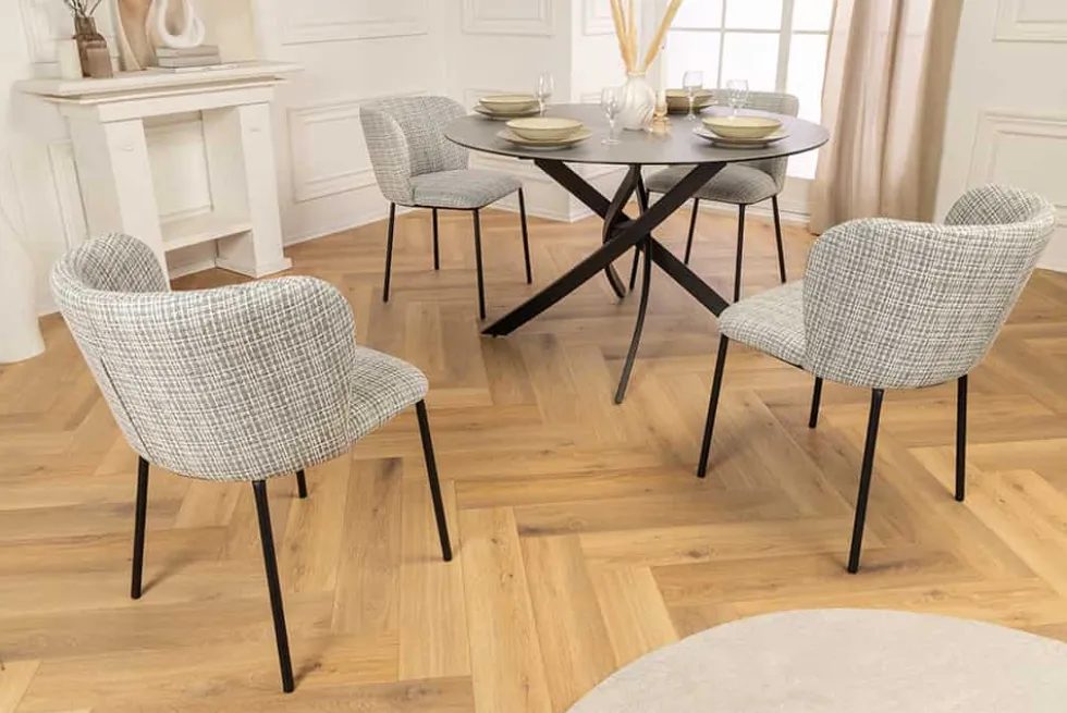 Design Stuhl LYON blau kariert Bouclé schwarze Metallbeine