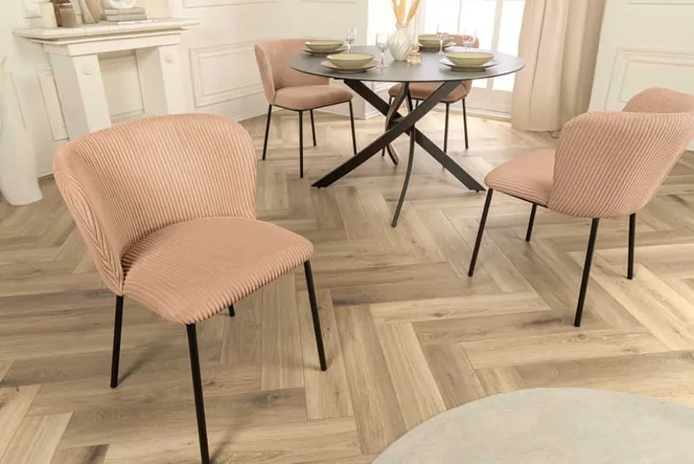 Design Stuhl LYON rosa Cord schwarze Metallbeine