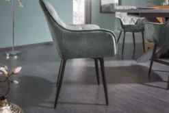 Design Stuhl MILANO grün Samt mit Armlehne Ziersteppung gepolstert schwarze Metallbeine