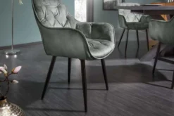Design Stuhl MILANO grün Samt mit Armlehne Ziersteppung gepolstert schwarze Metallbeine