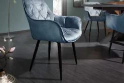 Design Stuhl MILANO petrol Samt mit Armlehne Ziersteppung gepolstert schwarze Metallbeine