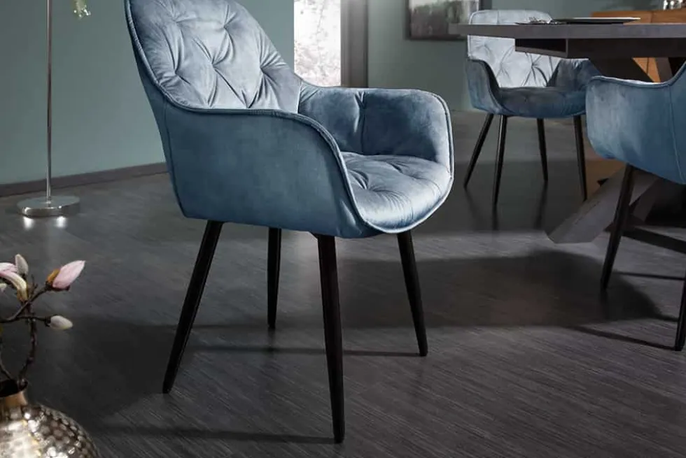 Design Stuhl MILANO petrol Samt mit Armlehne Ziersteppung gepolstert schwarze Metallbeine