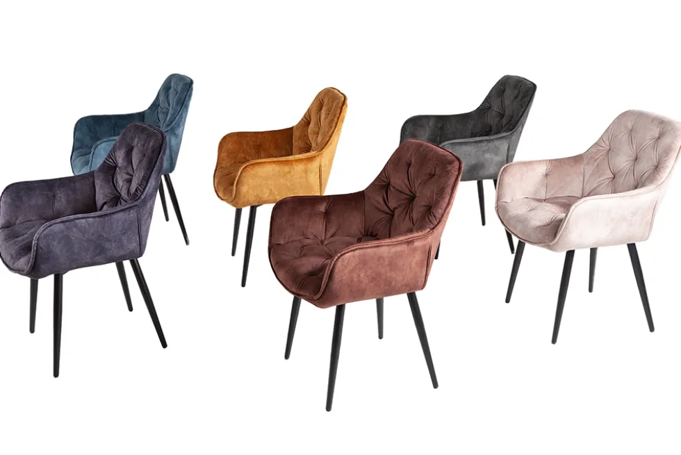 Design Stuhl MILANO petrol Samt mit Armlehne Ziersteppung gepolstert schwarze Metallbeine