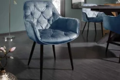 Design Stuhl MILANO petrol Samt mit Armlehne Ziersteppung gepolstert schwarze Metallbeine