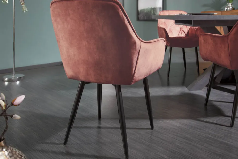 Design Stuhl MILANO rost braun Samt mit Armlehne Ziersteppung gepolstert schwarze Metallbeine