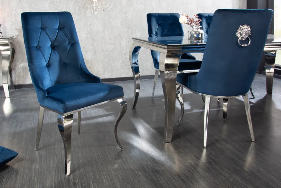 Design Stuhl MODERN BAROCK royalblau Samt mit silbernem Löwenkopf