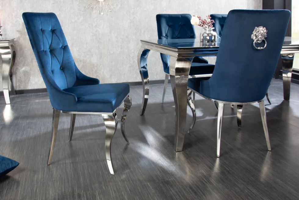 Design Stuhl MODERN BAROCK royalblau Samt mit silbernem Löwenkopf