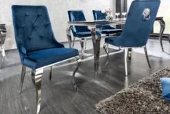 Design Stuhl MODERN BAROCK royalblau Samt mit silbernem Löwenkopf