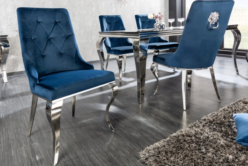 Design Stuhl MODERN BAROCK royalblau Samt mit silbernem Löwenkopf