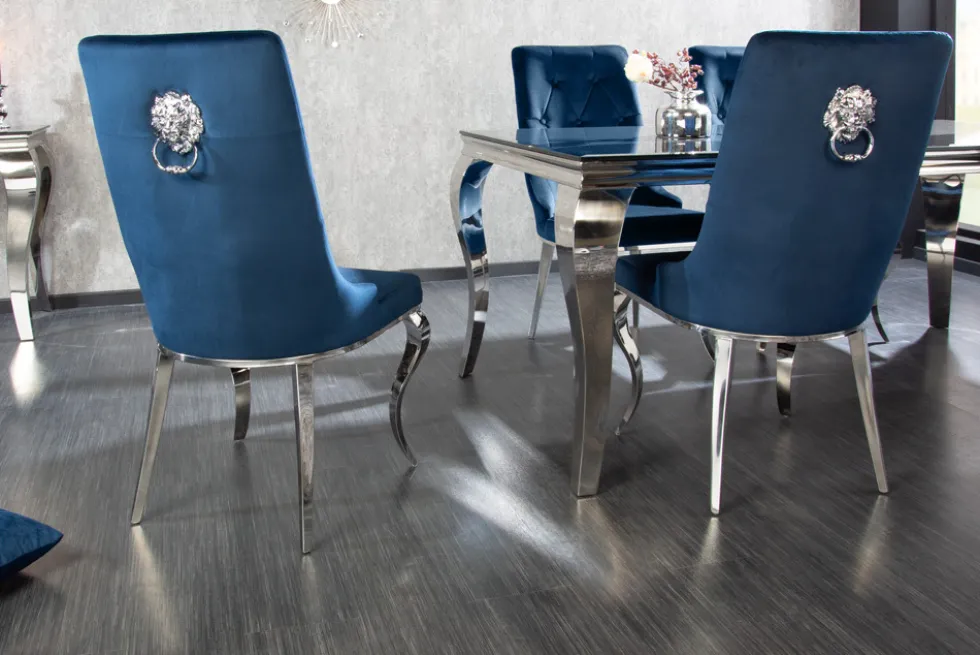 Design Stuhl MODERN BAROCK royalblau Samt mit silbernem Löwenkopf