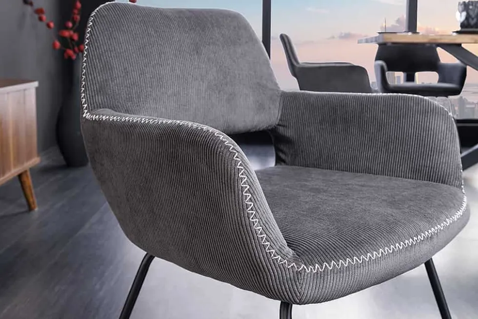 Design Stuhl MUSTANG grau Cord mit Armlehne schwarz Metall