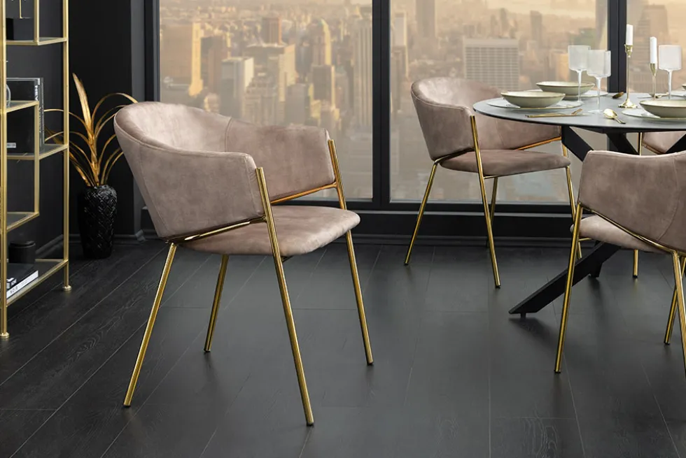 Design Stuhl NOBLESSE champagner beige Samt golden verchromtes Metallgestell