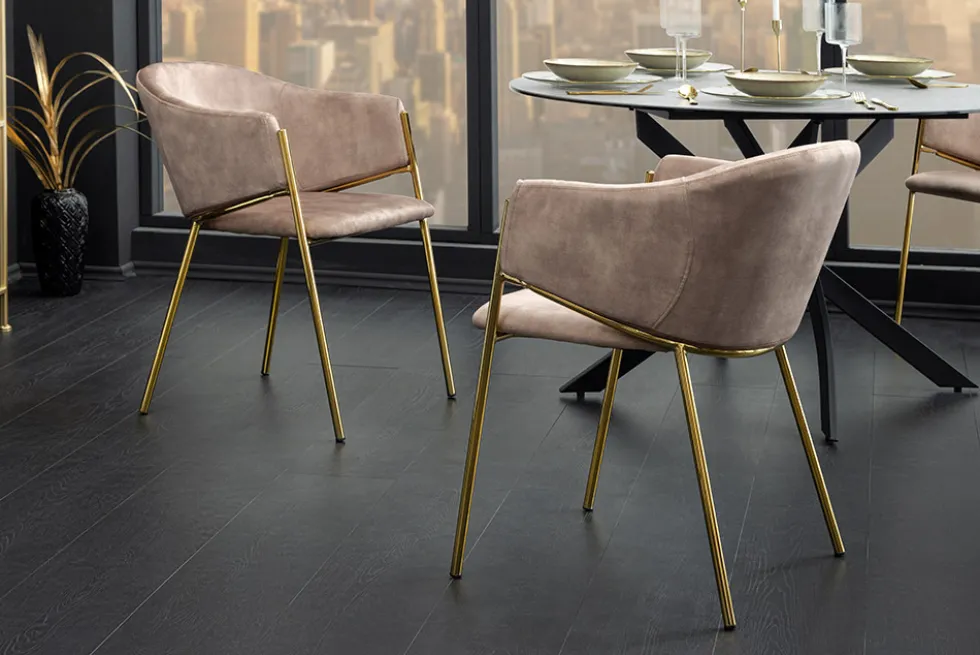 Design Stuhl NOBLESSE champagner beige Samt golden verchromtes Metallgestell